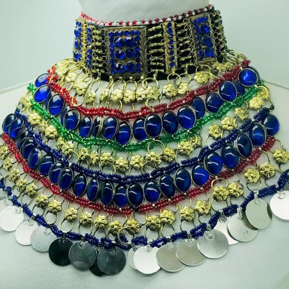 Blue Stone Beads Choker Necklace, Afghan Tribal Choker Necklace, Boho Statement - Picture 5 of 11